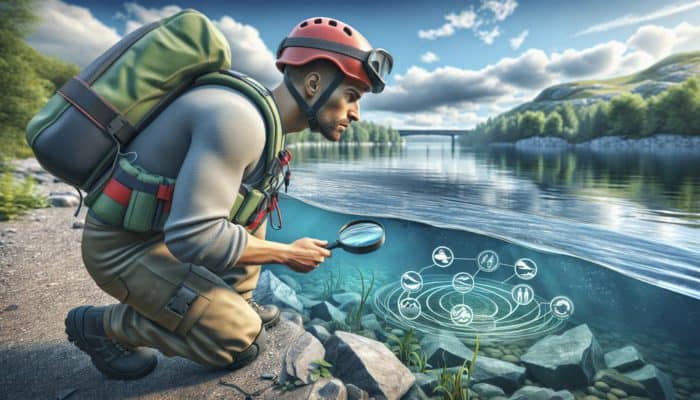 Water Safety Tips: A person assessing a lake for hazards like currents, rocks, and slippery edges, wearing safety gear.