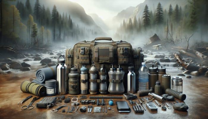 Bug-Out Bag Checklist: Stainless steel and BPA-free plastic water bottles, some collapsible, in a rugged bug-out bag, wilderness setting.