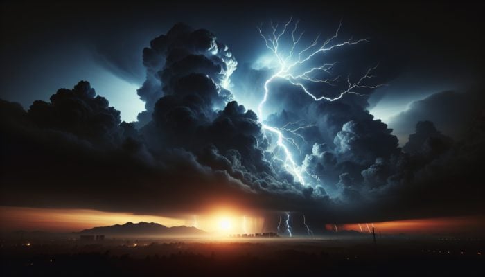 Surviving a Lightning Strike:Intense lightning bolts striking from dark clouds during a dramatic thunderstorm at twilight.