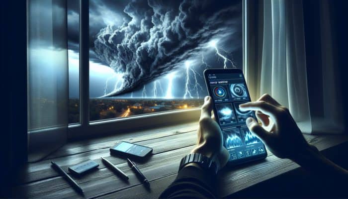 Person checking weather app on smartphone, showing storm alert, with dark clouds and lightning outside.