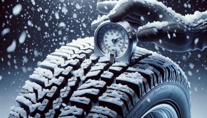 Blizzard Vehicle Prep: A tire in snow with a tread depth gauge showing 6/32 inches and a hand checking tire pressure.