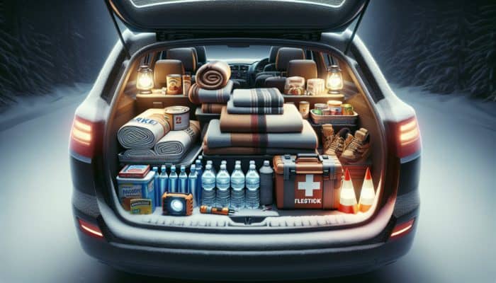 Car trunk with winter emergency kit: blankets, food, water, flashlight, flairs, triangles, first-aid kit.