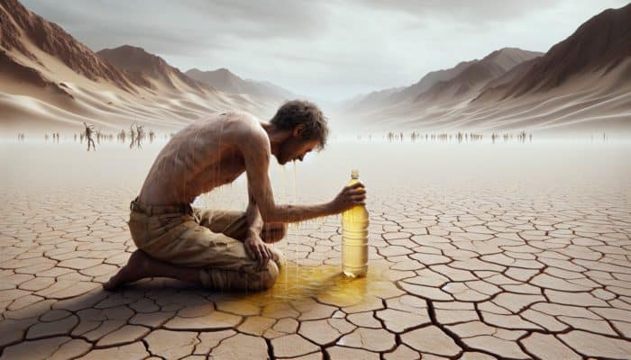 Wilderness Survival Myths: A dehydrated person in a desert holding a bottle of urine, with mirages and cracked earth.