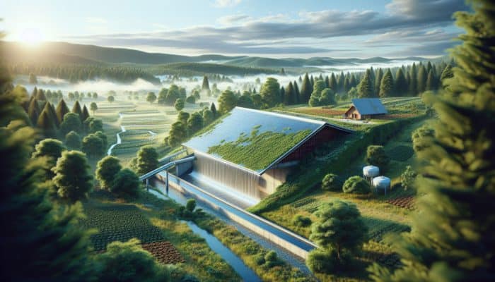 Rainwater Harvesting: A modern rainwater harvesting system in a rural setting, collecting water from a large roof into storage tanks.