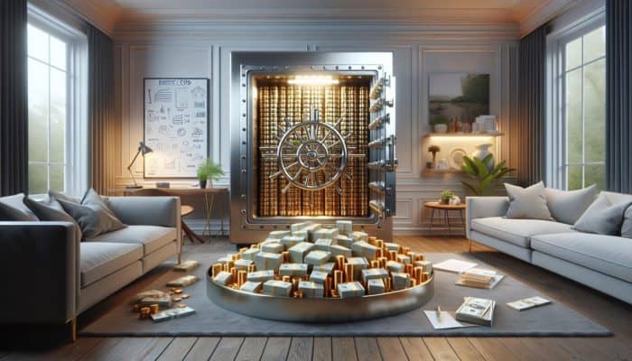 Surviving Economic Collapse: A secure vault with gold coins and cash, symbolizing a robust emergency fund, in a stable household.