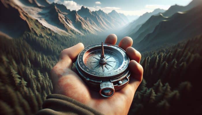 Compass Reading Basics: A hiker's hand holding a detailed compass with visible components, surrounded by mountains and forests.