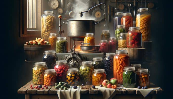 Canning Food Basics: Vintage kitchen scene with jars of preserved fruits and vegetables, person using a vacuum sealer.