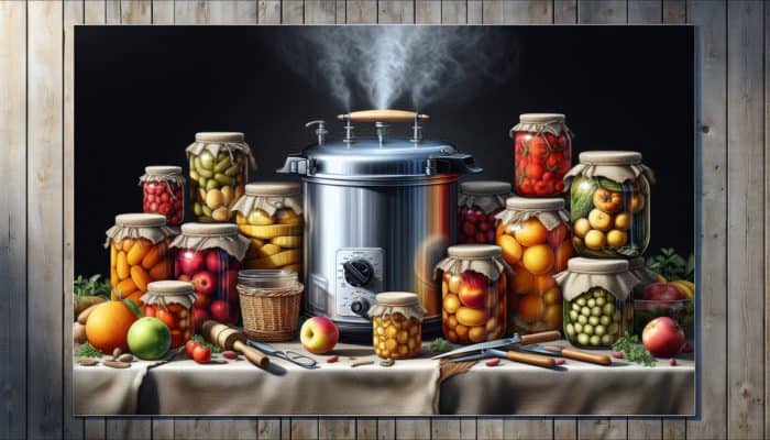 Infographic showing expert canning techniques with jars, pressure canner, and instructions on a rustic table.