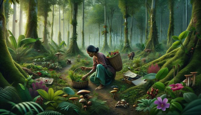 A person foraging for berries and mushrooms in a lush forest, surrounded by diverse plants and wildlife.