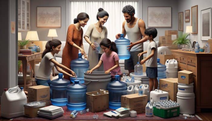 Surviving a Water Shutoff: Family of four stockpiling 12 gallons of water in large and small containers for drinking, cooking, and hygiene.