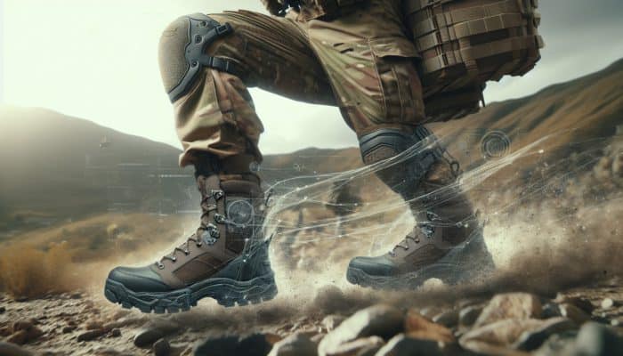 Tactical Boots Guide: A soldier navigating rugged terrain in durable tactical boots, highlighting their robust design and superior support.