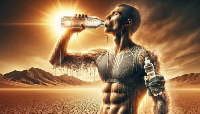Survival in Hot Climates: A person in a desert drinks water and holds an electrolyte drink, sweating under the sun.