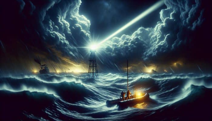 A sailor on a life raft in stormy seas activates an emergency beacon, signaling for rescue.