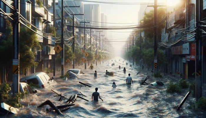 Floodwater Safety: Flooded urban street with hazardous murky water containing bacteria, chemicals, and debris, with caution signs.