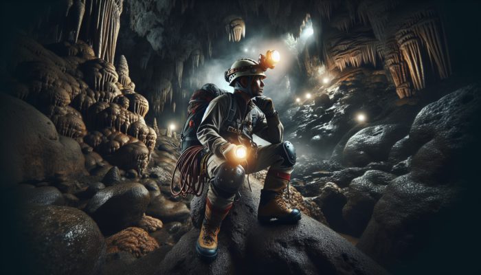 Survival in Caves: A spelunker in a cave, wearing a helmet, headlamp, harness, and knee pads, surrounded by stalactites and stalagmites.