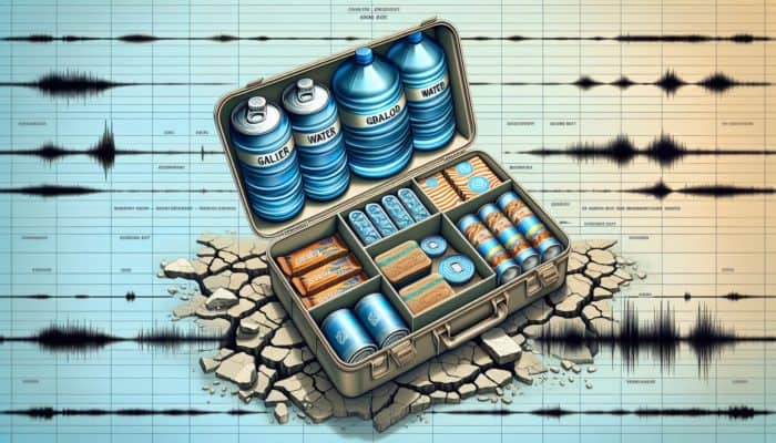 Earthquake Survival Gear: Earthquake survival kit with water, energy bars, canned goods, and dehydrated meals, labeled compartments.