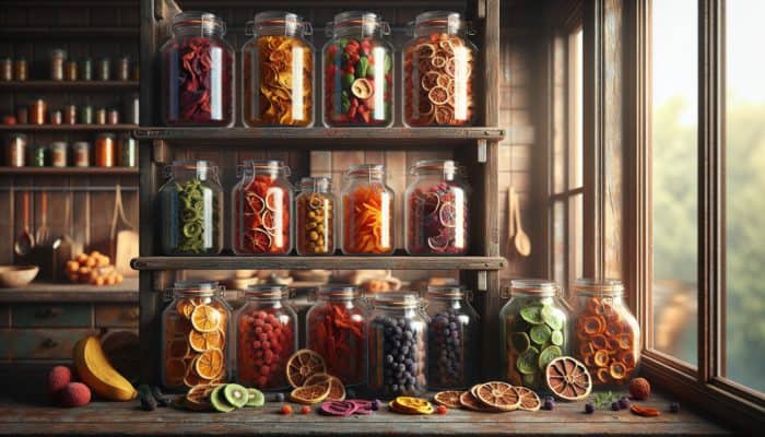 Freeze-Dried Food Reviews: Colorful freeze-dried fruits and vegetables in glass jars, displayed in a rustic kitchen with natural light.