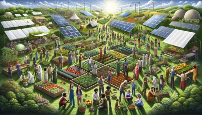 A community using permaculture in a garden for sustainable food production during a grid-down scenario, with solar panels.