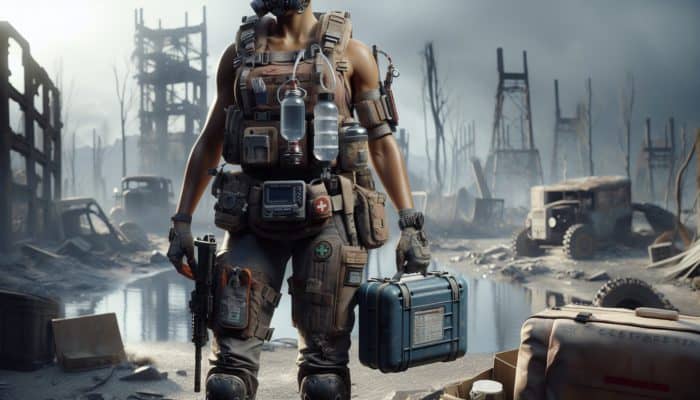 Post-apocalypse Travel: A survivor in a post-apocalyptic wasteland with essential gear: water purifier, multi-tool, first aid kit.