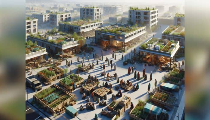 Post-Collapse Community: A vibrant post-collapse community demonstrating resilience through diverse income, sustainable farming, and strong social bonds.