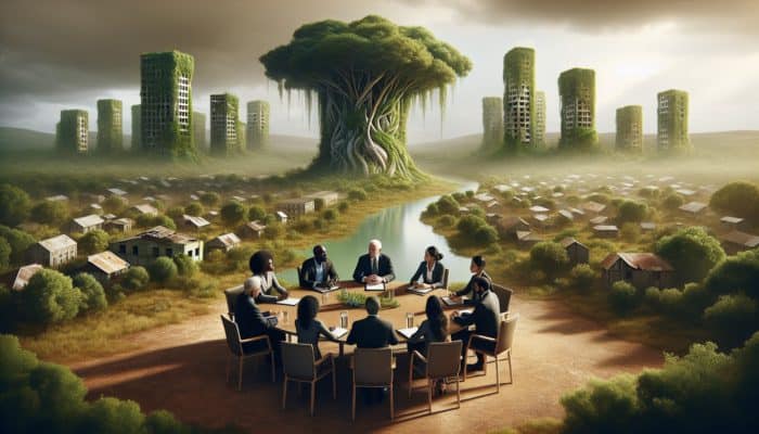 A group of experts discussing at a table with a thriving green community in a collapsed urban setting.