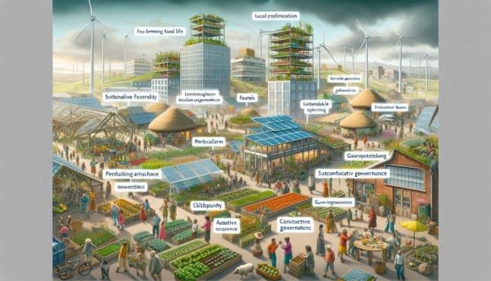 A vibrant scene of a post-collapse community engaging in local food production and sustainable energy, reflecting strong social ties and adaptive governance.