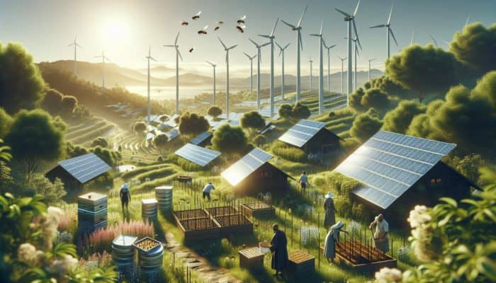 A serene landscape with solar panels, wind turbines, and people living sustainably, symbolizing a fuel-free future.