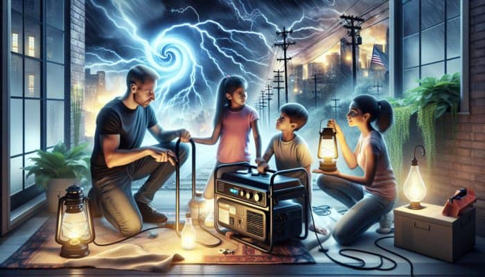 City Power Outage Prep: Family using lanterns and generator during storm-induced power outage, ensuring safety and comfort.