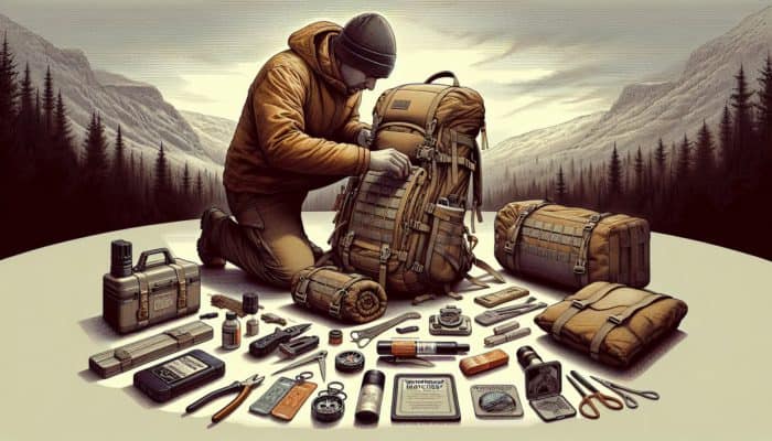 Person packing survival gear including multi-tool, matches, compass, first aid kit, and fire starter in wilderness.