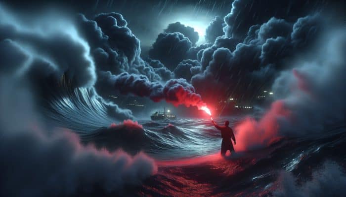 Distress Signal Methods: A person at sea activating a red flare during a stormy night to signal for rescue.
