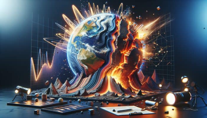 Preparing for Earthquakes: Tectonic plates colliding and sliding, releasing seismic waves causing ground to tremble with visible cracks and shifts in Earth's crust.