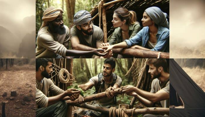 Survival Group Dynamics: A diverse group in a challenging wilderness, cooperating to build shelter and share resources, displaying unity and emotional support.