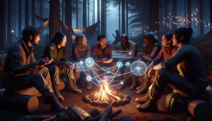 A diverse group around a campfire, effectively communicating with glowing lines symbolizing clear channels.
