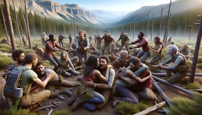 A tense group in a survival scenario displaying fear, anxiety, unity, and fracturing relationships in the wilderness.