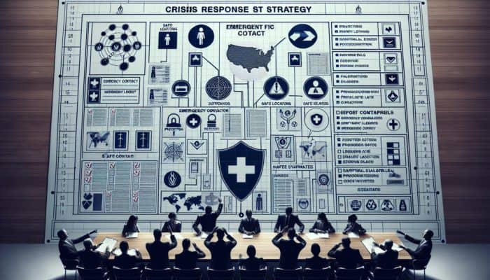 Protecting Valuables in Crisis: Blueprint of crisis response strategy on table with emergency contacts, safe location maps, and protection checklists, people discussing roles.