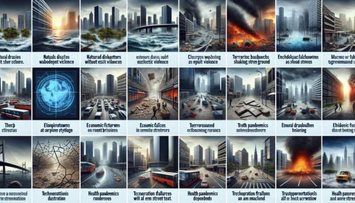 A modern cityscape affected by various crises including natural disasters, terrorism, and economic downturns.