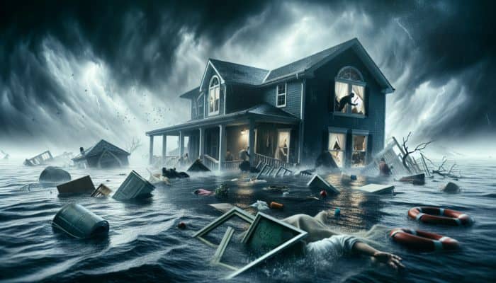 A flooded home post-Hurricane Katrina with floating valuables and looters breaking in through shattered windows during a storm.