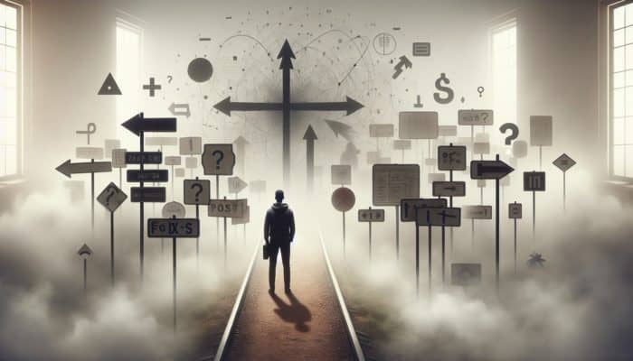 Overcoming Survival Doubt: A person at a foggy crossroads, symbolizing life's uncertainty, with shadowy figures of past failures and societal pressures.