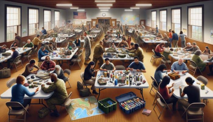 Prepper Support Networks: A diverse group of preppers in a community hall, exchanging resources and knowledge, with maps and emergency kits on tables.