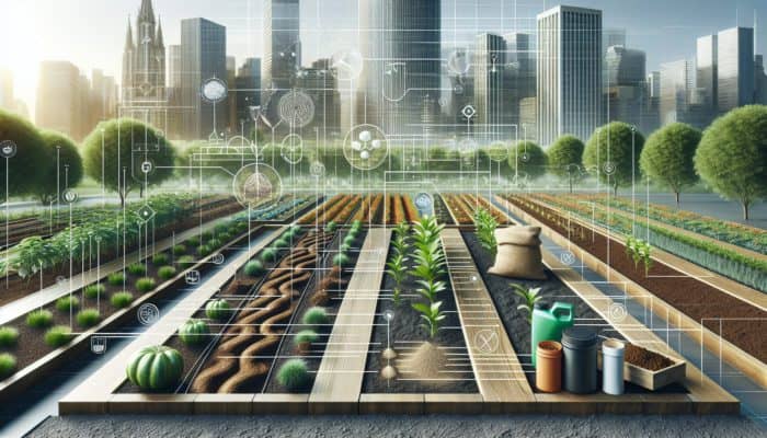 Urban Gardening Survival: Urban garden with enriched soil in raised beds, cityscape, soil test kit, compost, and organic fertilizers visible.