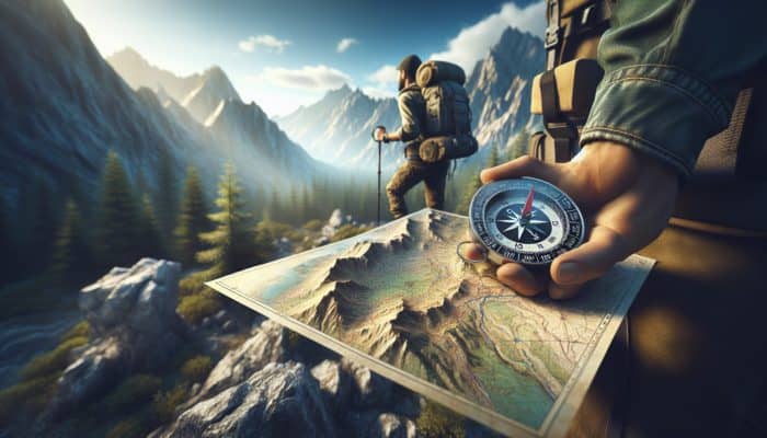 Hiker navigating rugged mountains with compass and map under clear sky.