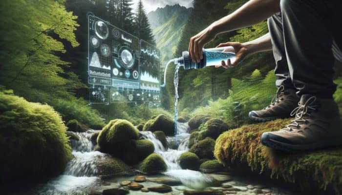 Portable Water Filters: A hiker using a high-tech portable water filter to purify water from a clear stream in a lush forest.