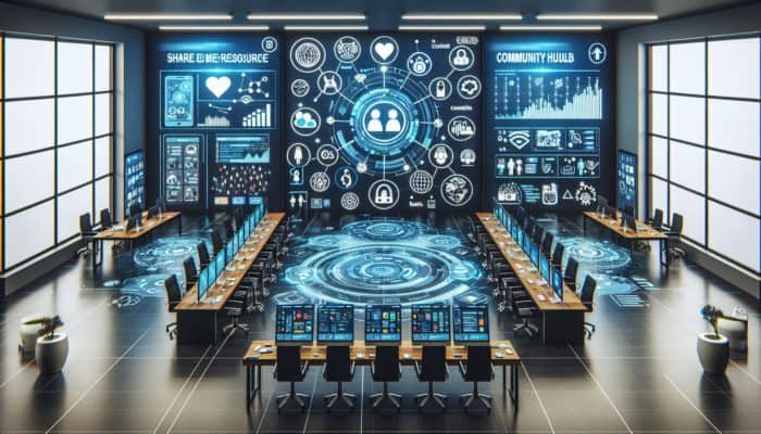 Futuristic emergency center with advanced tech, real-time mobile alerts, and community resource sharing.