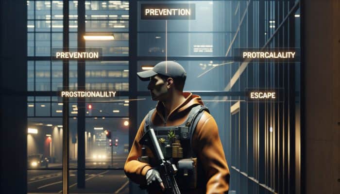 Urban Self-Defense Basics: A vigilant person in an urban setting, embodying self-defense principles like awareness, prevention, and readiness.