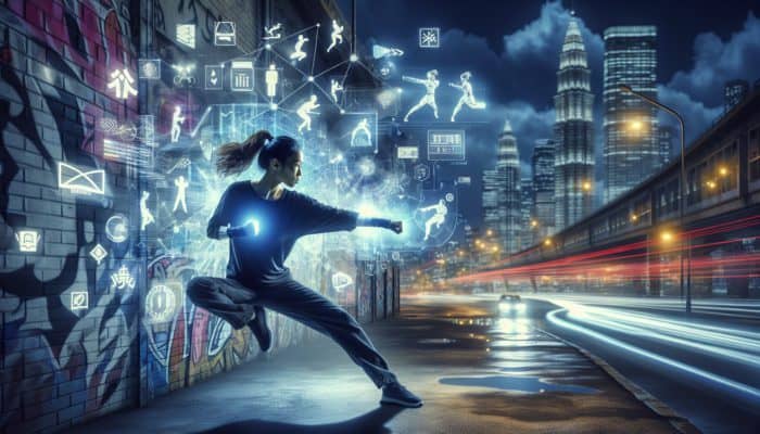 A person practicing self-defense in an urban night setting, surrounded by graffiti and street lights.