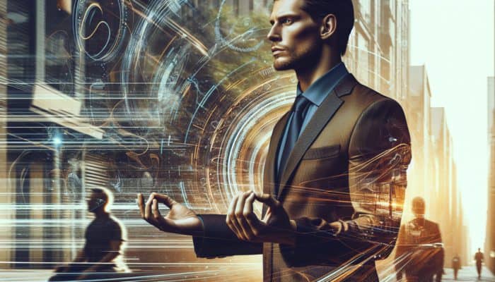 A focused individual practicing mindfulness in an urban setting, enhancing situational awareness and confidence.