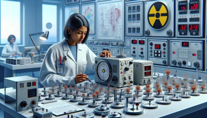 Ein Wissenschaftler kalibriert Geiger-Müller-Zähler und Szintillationsdetektor in einer gut ausgestatteten Strahlungsforschungsanlage.