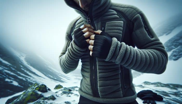 Person in wilderness adjusting moisture-wicking base and thick fleece layers for heat retention in cold weather.