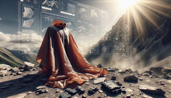 Survival Poncho Guide: A durable polyester survival poncho in a rugged outdoor scene, highlighting UV resistance.