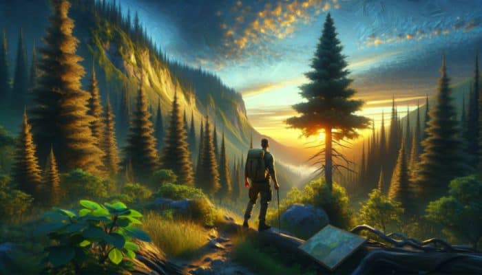 Focused hiker in lush forest observing tall pines on elevated, rocky terrain and deciduous trees in the valley under a golden sunset.